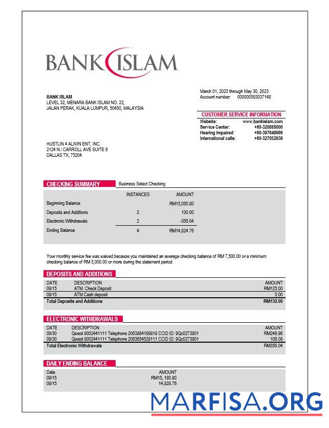 Blank Bank Islam company account statement Word and PDF template